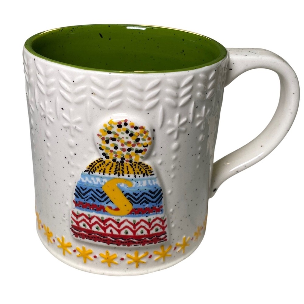 Anthropologie‎ Initial S Mug Gift Idea White Green Speckled Coffee Cup